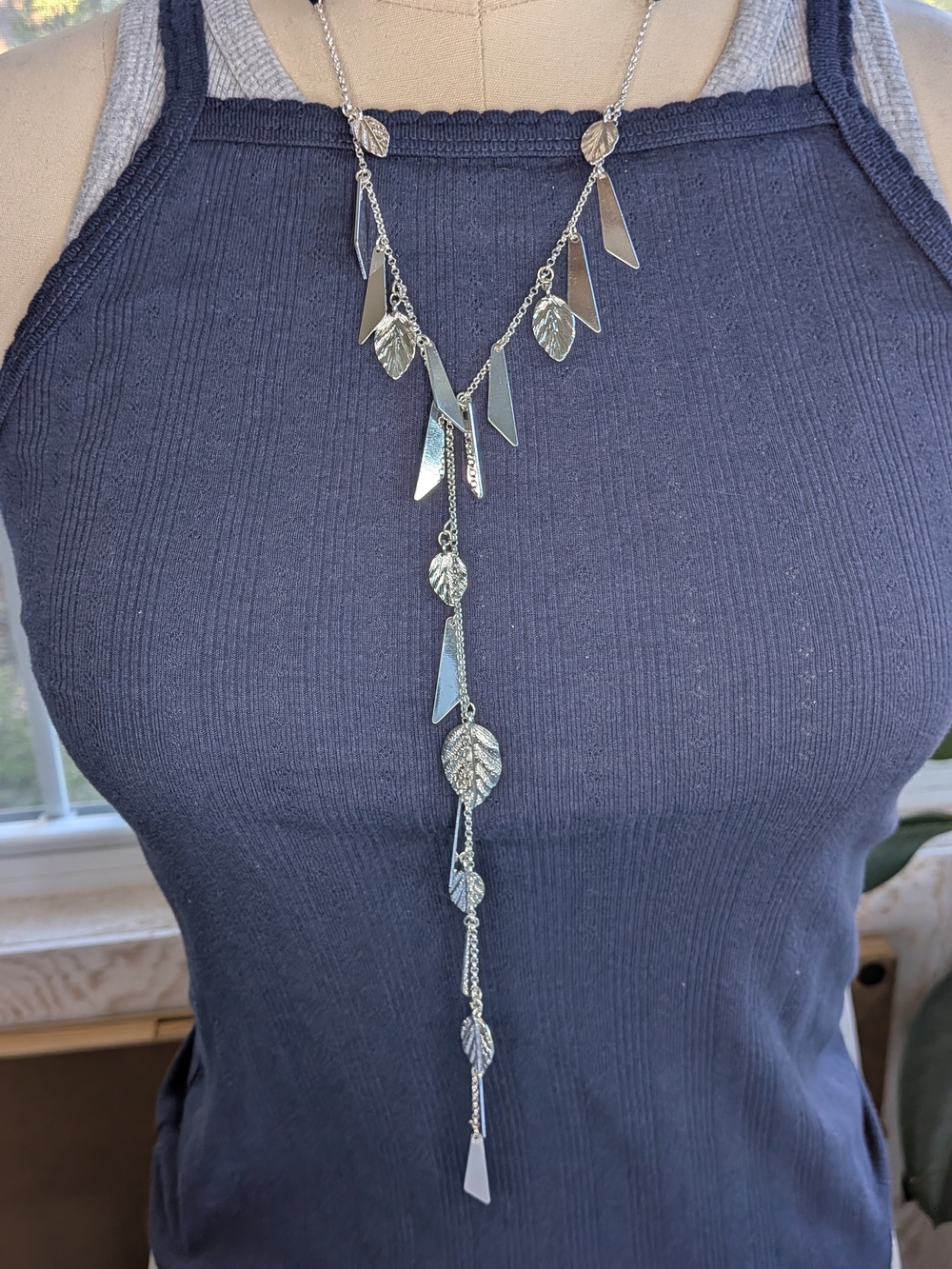 Silver Leaf & Geometric Charm Lariat Y-Necklace Black Faux Suede Cord Boho
